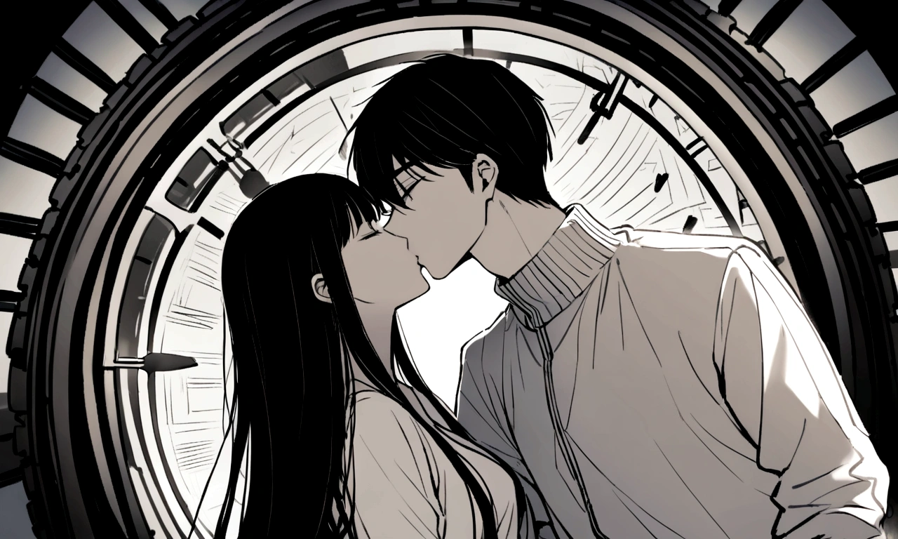 black and white drawing, giant clockwork background, 26-year-old male on the left 1, black neat hair, a lonely face, wearing gray tracksuit, Beautiful woman on the right 1, long straight hair, wearing a white dress, 서로에게 kiss하다, kiss