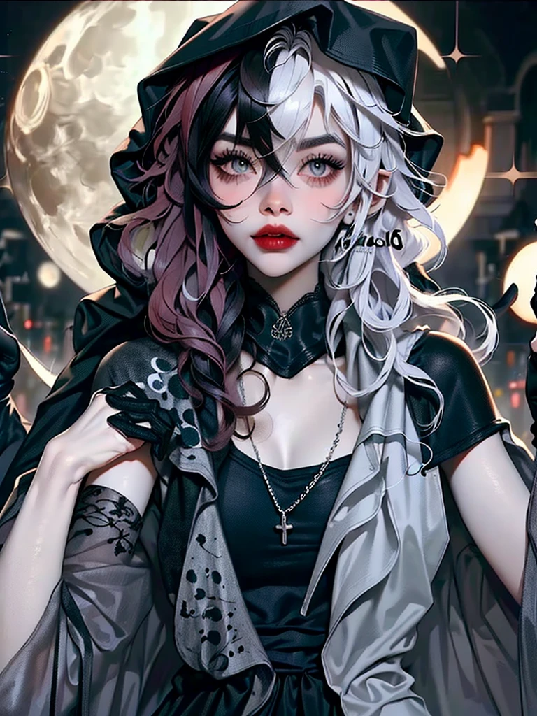 ((best quality)), ((masterpiece)), (detailed), 1girl, solo, beautiful, gothic, witch, gloomy, Asian woman, mature, black clothing, hooded black robe, modest clothing, hood up, goddess of death, blank expression, stoic expression, serious expression, split dye hair, multicolored hair, black and white hair, black dye on right side, white hair on left side, messy hair, bangs, black eyebrows, thick eyebrows, long eyelashes, grey eyes, dark circles under eyes, plump lips, red lipstick, red lips, no skin showing, skinny, pale skin, thin, sickly looking, looking at viewer, holding scythe, in graveyard, Wylona Hayashi, all black clothing, black hood, full body shot, cemetery background, standing, standing in a cemetery, holding scythe, windy, wind blowing, black long sleeves, black witch clothing, black religious clothing