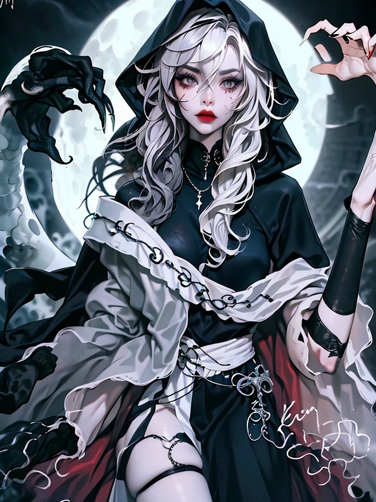 ((best quality)), ((masterpiece)), (detailed), 1girl, solo, beautiful, gothic, witch, gloomy, Asian woman, mature, black clothing, hooded black robe, modest clothing, hood up, goddess of death, blank expression, stoic expression, serious expression, split dye hair, multicolored hair, black and white hair, black dye on right side, white hair on left side, messy hair, bangs, black eyebrows, thick eyebrows, long eyelashes, grey eyes, dark circles under eyes, plump lips, red lipstick, red lips, no skin showing, skinny, pale skin, thin, sickly looking, looking at viewer, holding scythe, in graveyard, Wylona Hayashi, all black clothing, black hood, full body shot, cemetery background, standing, standing in a cemetery, holding scythe, windy, wind blowing, black long sleeves, black witch clothing, black religious clothing