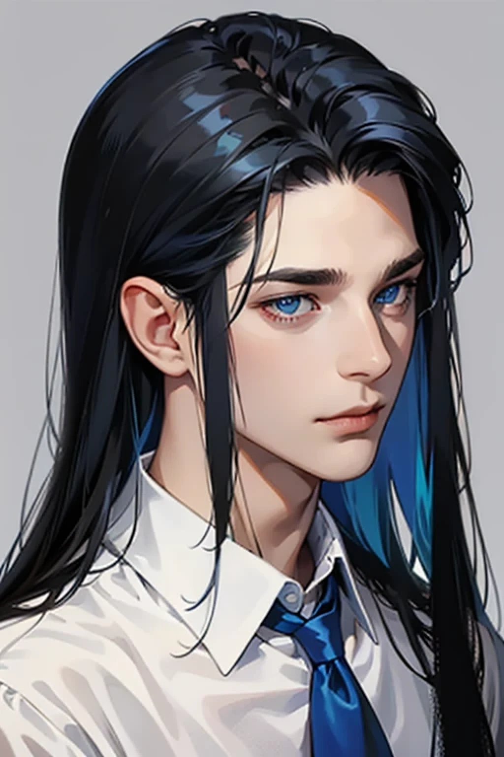 ((A very young guy)) with long blue-black hair, blue eyes, in dark clothes, shirt, a very good quality, correct eyes, even eyes, ((portrait))