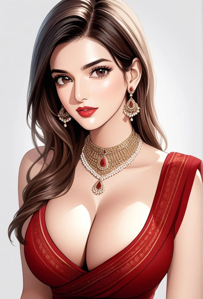 Kriti sanon wearing a beautiful saree,photorealistic,  best quality, masterpiece, realistic, highres, absurdres, kr1t1 , ((vector)),Portrait of A stunning Indian woman, see through dress , Beautiful symmetric detailed eyes. Big breast, fit body., necklace , makeup, red lipstick 