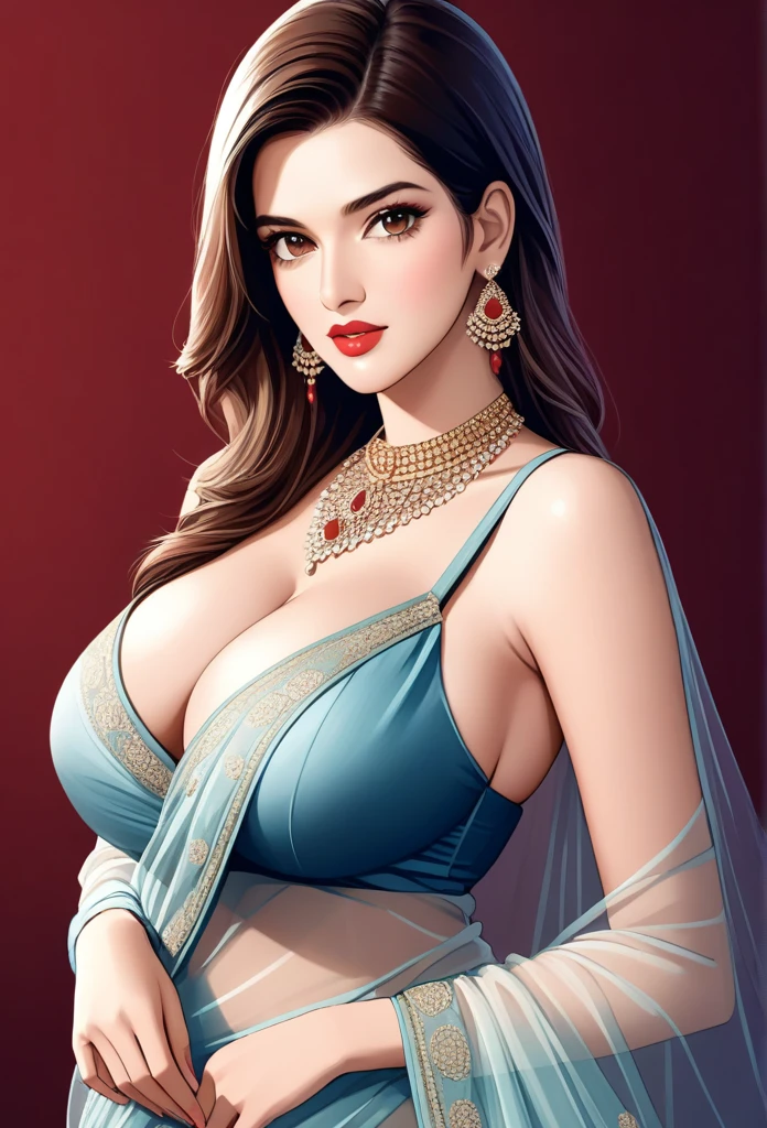 Kriti sanon wearing a beautiful saree,photorealistic,  best quality, masterpiece, realistic, highres, absurdres, kr1t1 , ((vector)),Portrait of A stunning Indian woman, see through dress , Beautiful symmetric detailed eyes. Big breast, fit body., necklace , makeup, red lipstick 