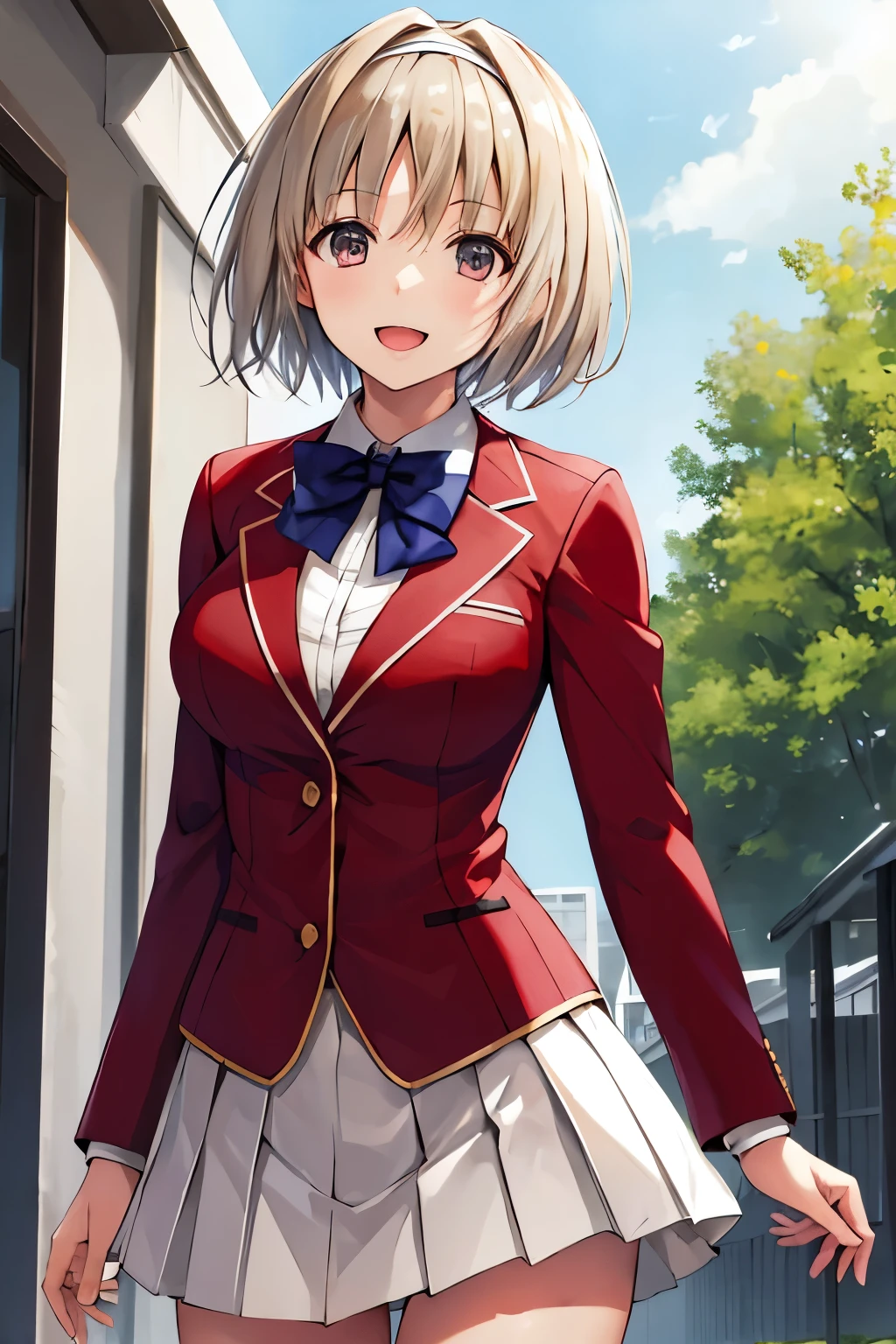 masterpiece, Highest quality, High resolution, Akiyo, short hair, Hair Intake, White hair band, Blue bow tie, Collared shirt, blazer, Red jacket, Long sleeve, White Skirt, Pleated skirt, Black socks, Cowboy Shot, Are standing, Outdoor, Straight, Arms at your sides, smile, Open your mouth,