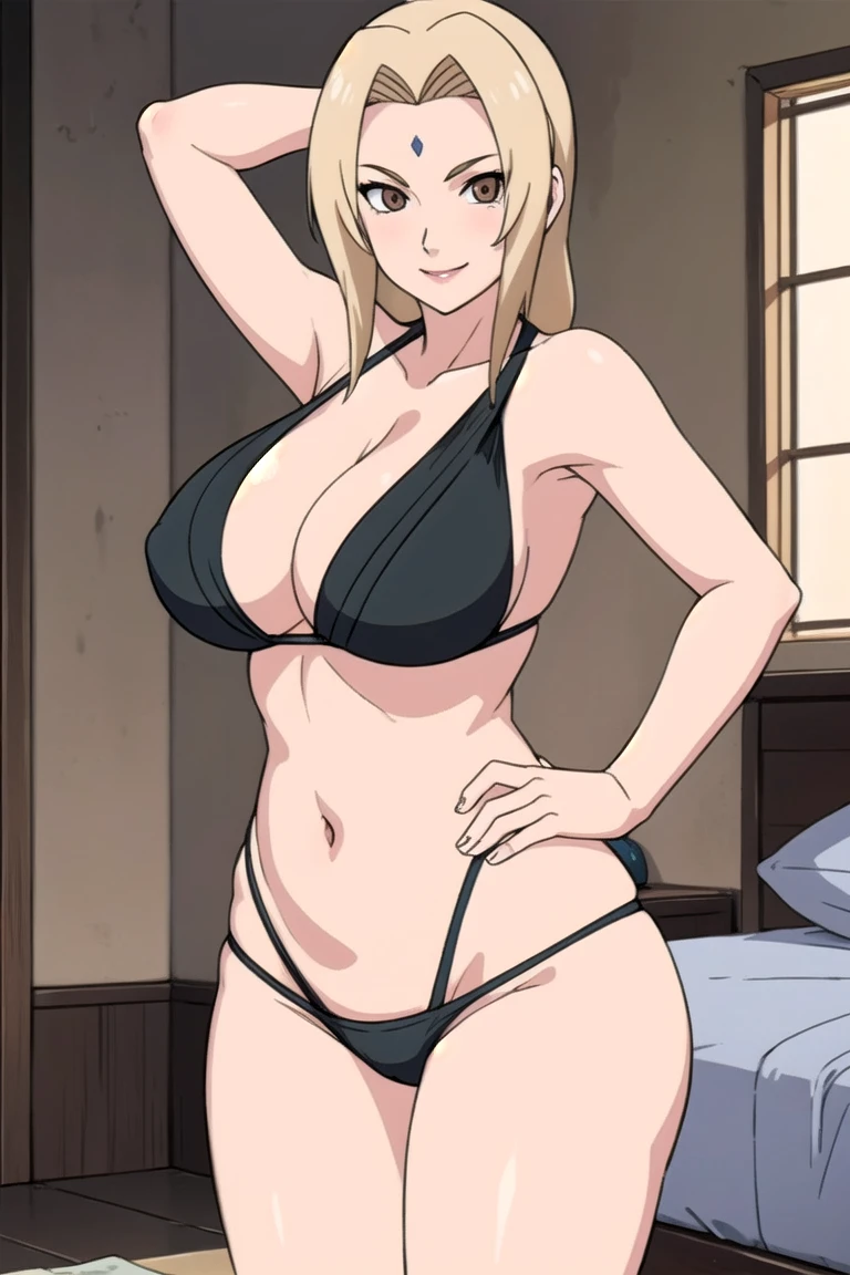 tsunade, brown eyes , blonde hair , forehead mark 
BREAK  ,    , navel ,black bikini , big breasts, wide hips , milf body ,((( bedroom))) , smile 
BREAK , cowboy pose , standing straight , 
BREAK looking at viewer, (cowboy shot:1.5),
BREAK (masterpiece:1.2), innocent eyes , beautiful face