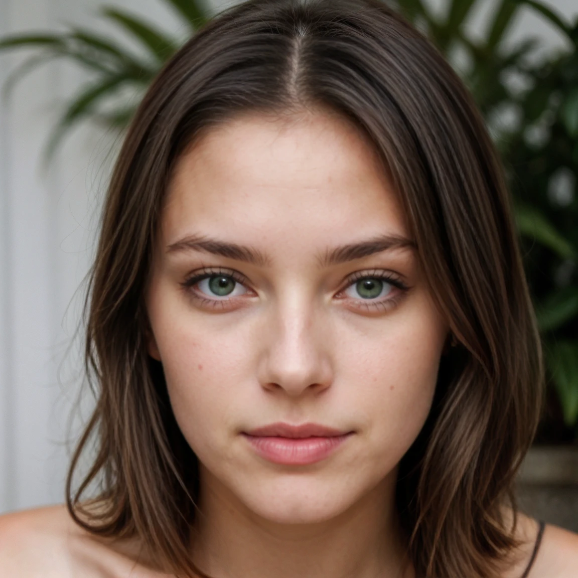 femme splendide, cheveux longs, regarde la caméra, cheveux bruns, épaules nues, yeux vert, brunette, réaliste, réel, yeux brillants, beau visage, netteté