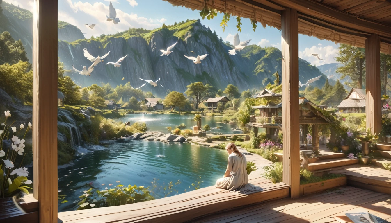 "1 29 years old fully clothed beautiful angel mother with long white hairs and 2 beautifull white angelic wings, european face, praying, white clothes, large hips, big , white doves, doves in the background, serene and peaceful expression" ethereal and heavenly, 4k, high quality, intricate details, photorealistic, dramatic lighting, vibrant colors, beautifull scenerie, beautifull light, a peaceful garden, lush greenery, blooming flowers, serene atmosphere, warm sunlight, calming pond, tranquil landscape, beautiful scenery, natural environment, idyllic setting, (best quality,4k,8k,highres,masterpiece:1.2),ultra-detailed,(realistic,photorealistic,photo-realistic:1.37),landscape,vibrant colors,soft lighting,natural lighting