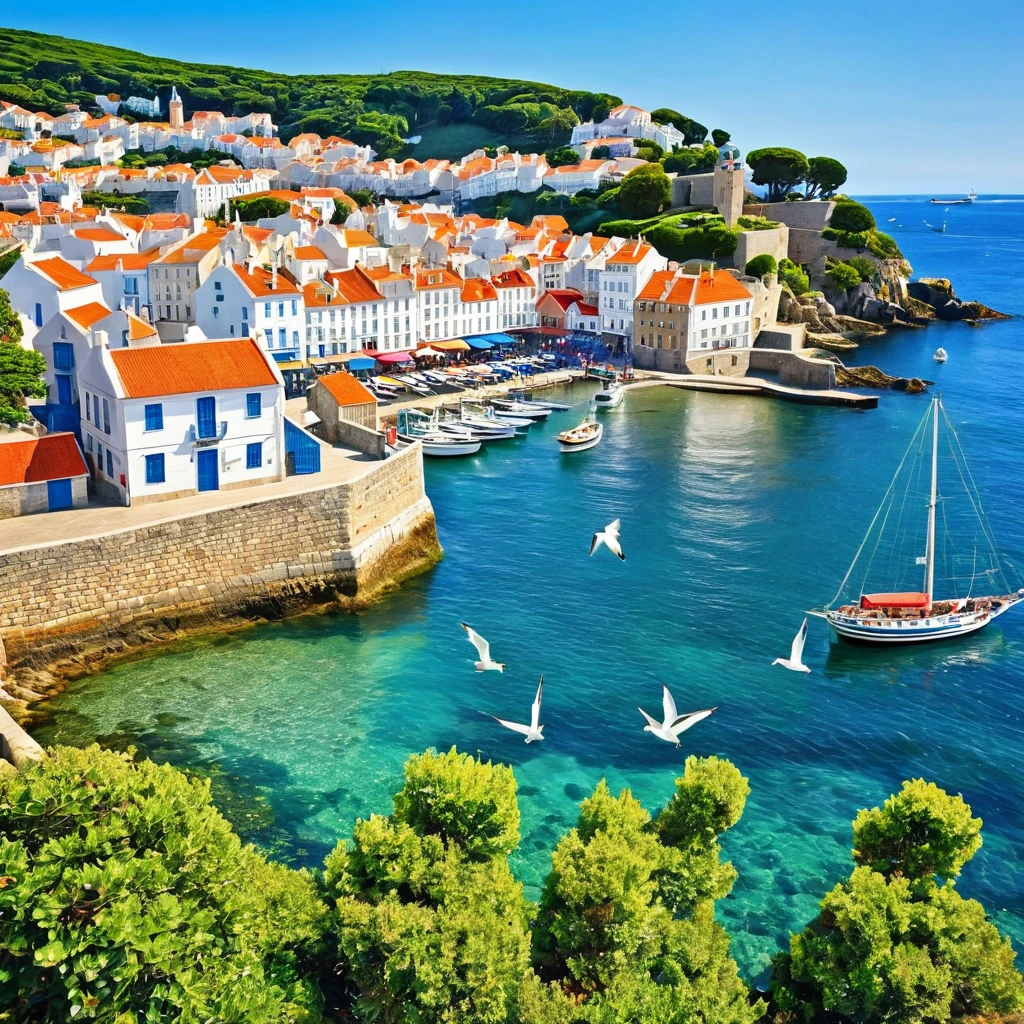 Generate a classical maritime scene that captures the essence of coastal towns. Depict a picturesque harbor with sailboats and fishing vessels anchored along the quayside. Include charming waterfront buildings with colorful facades and red-tiled roofs, reminiscent of traditional coastal architecture. Populate the scene with fishermen busy at work, unloading their catches, and locals strolling along the cobblestone streets. The tranquil waters reflect the serene beauty of the town, and seagulls can be seen gliding gracefully in the clear blue sky. Infuse the artwork with a sense of coastal life, where the sea meets the land in perfect harmony.