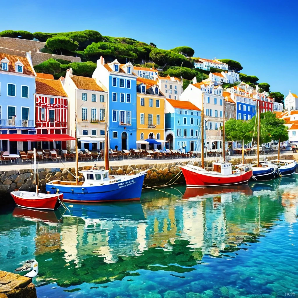 Generate a classical maritime scene that captures the essence of coastal towns. Depict a picturesque harbor with sailboats and fishing vessels anchored along the quayside. Include charming waterfront buildings with colorful facades and red-tiled roofs, reminiscent of traditional coastal architecture. Populate the scene with fishermen busy at work, unloading their catches, and locals strolling along the cobblestone streets. The tranquil waters reflect the serene beauty of the town, and seagulls can be seen gliding gracefully in the clear blue sky. Infuse the artwork with a sense of coastal life, where the sea meets the land in perfect harmony.
