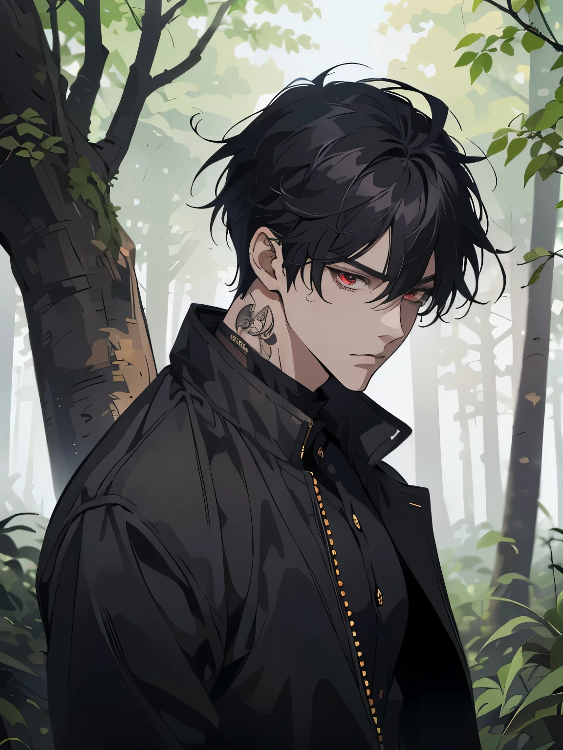 anime - style image of a man in a black jacket, white shirt, handsome guy in demon slayer art, anime lush john 8k woods, male anime style, handsome japanese demon boy, beautiful androgynous prince, anime handsome man, anime portrait of a handsome man, male anime character, badass anime 8 k, artwork in the style of guweiz, red eyes, mad face, beautiful eye, black hair, tenn boy, one boy, rose tatto on neck,