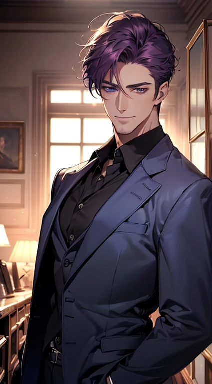 (best quality, masterpiece, 8K, photorealistic, cinematic lighting, 1:4 hdr image, ultra detailed, beautiful image), a mature man, 35 years very handsome, ((cold expression smile in love)), short purple hair, blue eyes, face perfect without mistakes, ((buttoning his jacket, CEO)), smile.