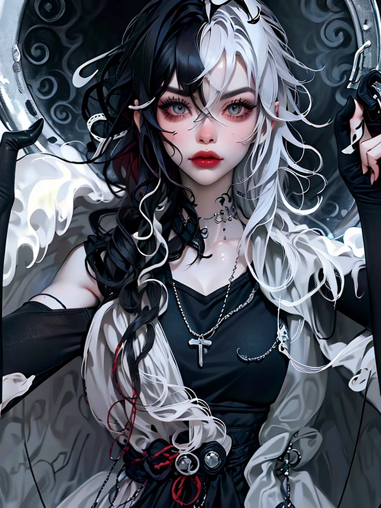 ((best quality)), ((masterpiece)), (detailed), 1girl, solo, beautiful, gothic, witch, gloomy, Asian woman, mature, black clothing, hooded black robe, modest clothing, hood up, goddess of death, blank expression, stoic expression, serious expression, split dye hair, multicolored hair, black and white hair, black dye on right side, white hair on left side, messy hair, bangs, black eyebrows, thick eyebrows, long eyelashes, grey eyes, dark circles under eyes, plump lips, red lipstick, red lips, no skin showing, skinny, pale skin, thin, sickly looking, looking at viewer, holding scythe, in graveyard, Wylona Hayashi, all black clothing, black hood, full body shot, cemetery background, standing, standing in a cemetery, holding scythe, windy, wind blowing, black long sleeves, black witch clothing, black religious clothing