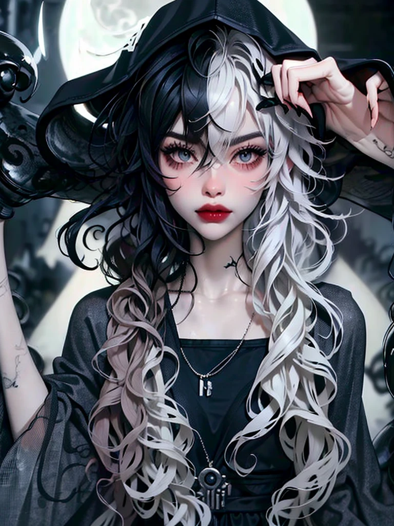 ((best quality)), ((masterpiece)), (detailed), 1girl, solo, beautiful, gothic, witch, gloomy, Asian woman, mature, black clothing, hooded black robe, modest clothing, hood up, goddess of death, blank expression, stoic expression, serious expression, split dye hair, multicolored hair, black and white hair, black dye on right side, white hair on left side, messy hair, bangs, black eyebrows, thick eyebrows, long eyelashes, grey eyes, dark circles under eyes, plump lips, red lipstick, red lips, no skin showing, skinny, pale skin, thin, sickly looking, looking at viewer, holding scythe, in graveyard, Wylona Hayashi, all black clothing, black hood, full body shot, cemetery background, standing, standing in a cemetery, holding scythe, windy, wind blowing, black long sleeves, black witch clothing, black religious clothing