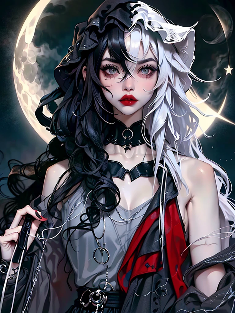 ((best quality)), ((masterpiece)), (detailed), 1girl, solo, beautiful, gothic, witch, gloomy, Asian woman, mature, black clothing, hooded black robe, modest clothing, hood up, goddess of death, blank expression, stoic expression, serious expression, split dye hair, multicolored hair, black and white hair, black dye on right side, white hair on left side, messy hair, bangs, black eyebrows, thick eyebrows, long eyelashes, grey eyes, dark circles under eyes, plump lips, red lipstick, red lips, no skin showing, skinny, pale skin, thin, sickly looking, looking at viewer, holding scythe, in graveyard, Wylona Hayashi, all black clothing, black hood, full body shot, cemetery background, standing, standing in a cemetery, holding scythe, windy, wind blowing, black long sleeves, black witch clothing, black religious clothing