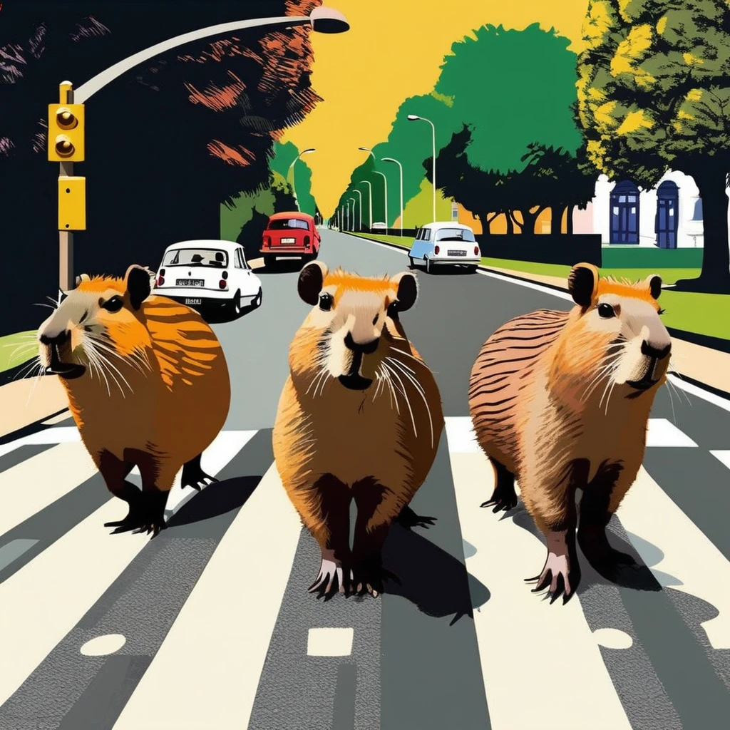 Four cute capybara, Beatles impersonation, same hairstyles and outfits, walking right on Abbey Road zebra crossing, Abbey Road is the 11th album of the British rock band The Beatles.