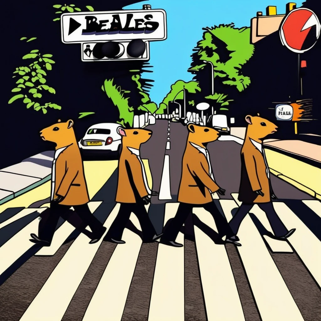 Four cute capybara, Beatles impersonation, same hairstyles and outfits, walking right on Abbey Road zebra crossing, Abbey Road is the 11th album of the British rock band The Beatles. 