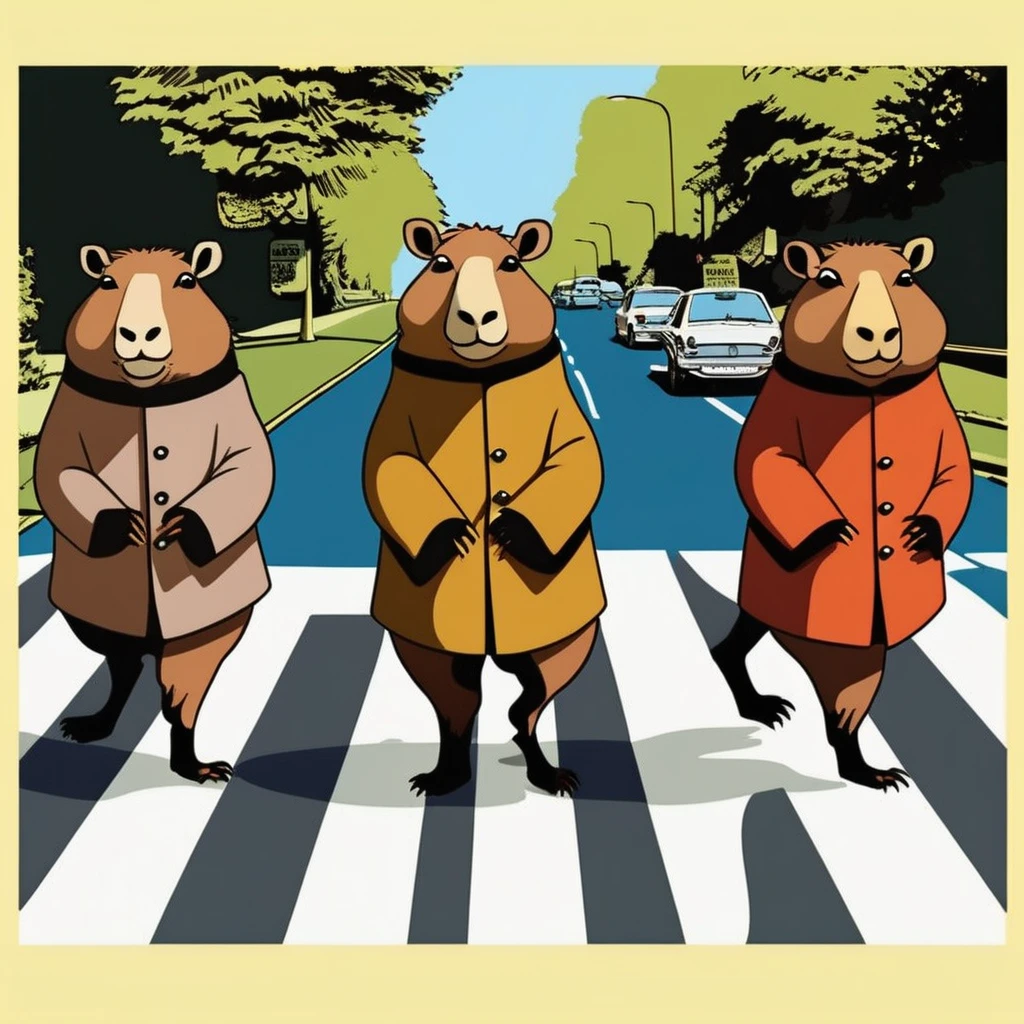 Four cute capybara, Beatles impersonation, same hairstyles and outfits, walking right on Abbey Road zebra crossing, Abbey Road is the 11th album of the British rock band The Beatles. 