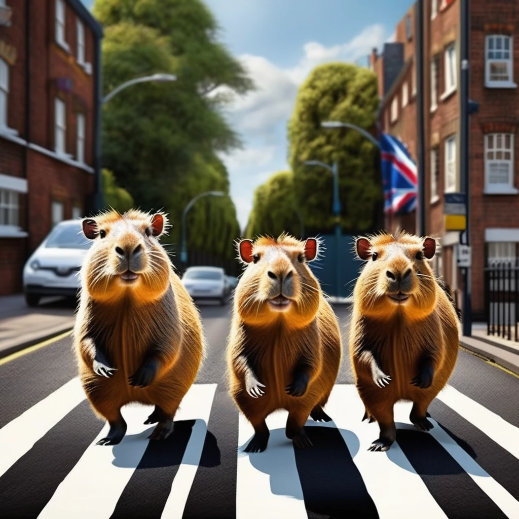 Four cute capybara, Beatles impersonation, same hairstyles and outfits, walking right on Abbey Road zebra crossing, Abbey Road is the 11th album of the British rock band The Beatles. 