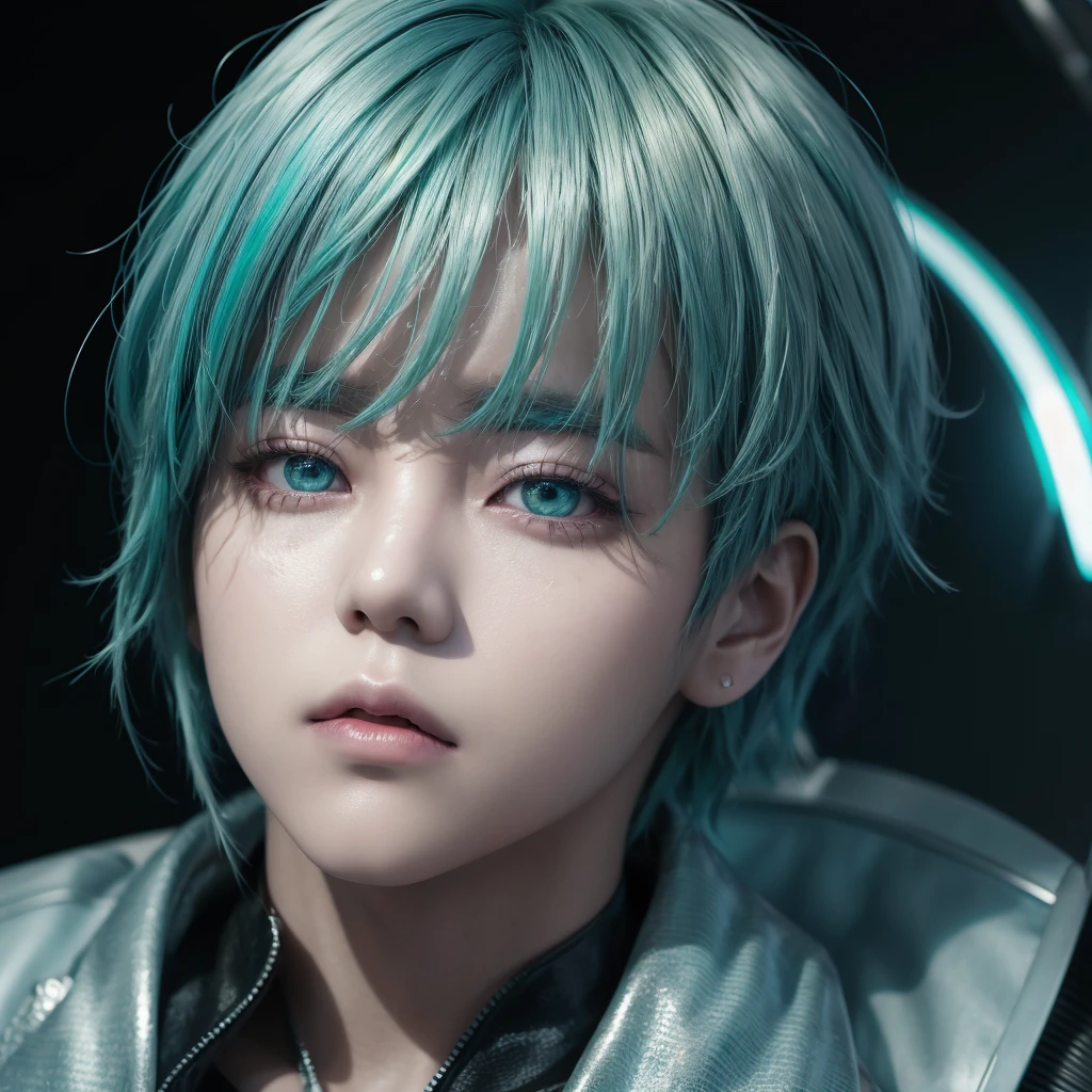 Crea una imagen de Jimin de BTS con silver hair, one eye blue and the other green, wearing a shiny cyberpunk outfit in metallic tones.”Imagine Jimin from BTS with a futuristic look: silver hair, one blue eye and one green eye, wearing a shiny chrome colored jacket and holographic pants."Diseña una ilustración de Jimin de BTS con silver hair, Different colored eyes and a bright outfit with cyber tones, like neon and silver.”Make a digital representation of Jimin from BTS with a cyberpunk style: silver hair, one blue eye and one green eye, wearing a metal jacket with shiny details. “Create an image of Jimin from BTS with a futuristic look: silver hair, eyes of opposite colors and wearing a shiny suit in metallic and cyber tones."