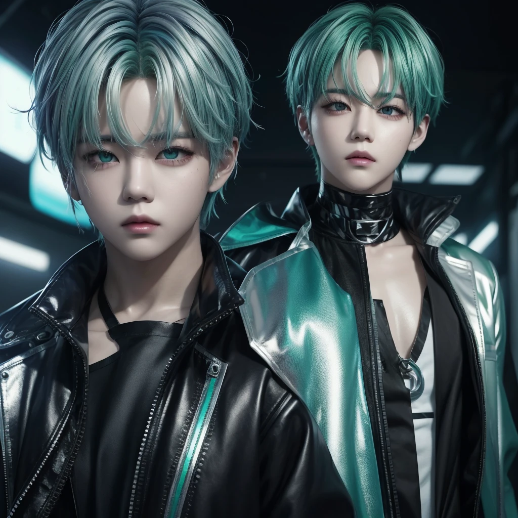Crea una imagen de Jimin de BTS con silver hair, one eye blue and the other green, wearing a shiny cyberpunk outfit in metallic tones.”Imagine Jimin from BTS with a futuristic look: silver hair, one blue eye and one green eye, wearing a shiny chrome colored jacket and holographic pants."Diseña una ilustración de Jimin de BTS con silver hair, Different colored eyes and a bright outfit with cyber tones, like neon and silver.”Make a digital representation of Jimin from BTS with a cyberpunk style: silver hair, one blue eye and one green eye, wearing a metal jacket with shiny details. “Create an image of Jimin from BTS with a futuristic look: silver hair, eyes of opposite colors and wearing a shiny suit in metallic and cyber tones."
