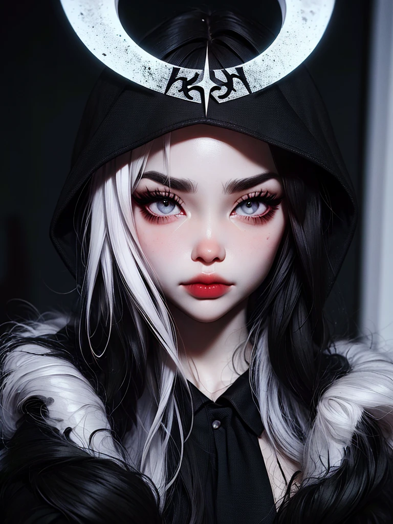 ((best quality)), ((masterpiece)), (detailed), 1girl, solo, beautiful, gothic, witch, gloomy, Asian woman, mature, black clothing, hooded black robe, modest clothing, hood up, goddess of death, blank expression, stoic expression, serious expression, split dye hair, multicolored hair, black and white hair, black dye on right side, white hair on left side, messy hair, bangs, black eyebrows, thick eyebrows, long eyelashes, grey eyes, dark circles under eyes, plump lips, red lipstick, red lips, no skin showing, skinny, pale skin, thin, sickly looking, looking at viewer, holding scythe, in graveyard, Wylona Hayashi, all black clothing, black hood, full body shot, cemetery background, standing, standing in a cemetery, holding scythe, windy, wind blowing, black long sleeves, black witch clothing, black religious clothing