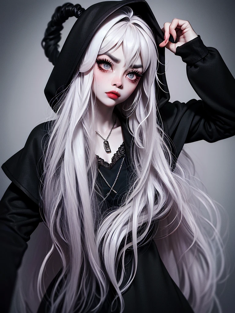 ((best quality)), ((masterpiece)), (detailed), 1girl, solo, beautiful, gothic, witch, gloomy, Asian woman, mature, black clothing, hooded black robe, modest clothing, hood up, goddess of death, blank expression, stoic expression, serious expression, split dye hair, multicolored hair, black and white hair, black dye on right side, white hair on left side, messy hair, bangs, black eyebrows, thick eyebrows, long eyelashes, grey eyes, dark circles under eyes, plump lips, red lipstick, red lips, no skin showing, skinny, pale skin, thin, sickly looking, looking at viewer, holding scythe, in graveyard, Wylona Hayashi, all black clothing, black hood, full body shot, cemetery background, standing, standing in a cemetery, holding scythe, windy, wind blowing, black long sleeves, black witch clothing, black religious clothing