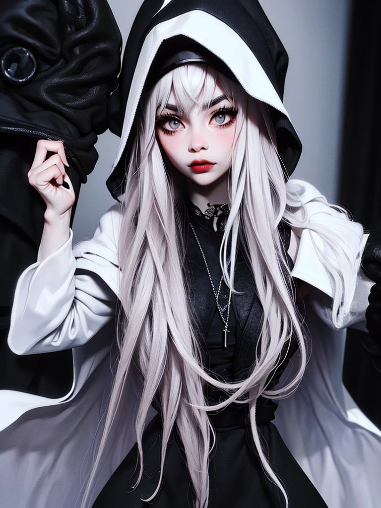 ((best quality)), ((masterpiece)), (detailed), 1girl, solo, beautiful, gothic, witch, gloomy, Asian woman, mature, black clothing, hooded black robe, modest clothing, hood up, goddess of death, blank expression, stoic expression, serious expression, split dye hair, multicolored hair, black and white hair, black dye on right side, white hair on left side, messy hair, bangs, black eyebrows, thick eyebrows, long eyelashes, grey eyes, dark circles under eyes, plump lips, red lipstick, red lips, no skin showing, skinny, pale skin, thin, sickly looking, looking at viewer, holding scythe, in graveyard, Wylona Hayashi, all black clothing, black hood, full body shot, cemetery background, standing, standing in a cemetery, holding scythe, windy, wind blowing, black long sleeves, black witch clothing, black religious clothing