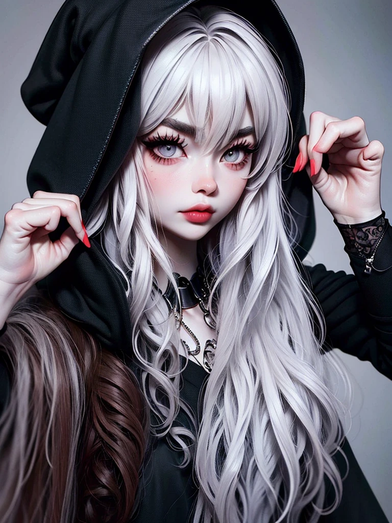 ((best quality)), ((masterpiece)), (detailed), 1girl, solo, beautiful, gothic, witch, gloomy, Asian woman, mature, black clothing, hooded black robe, modest clothing, hood up, goddess of death, blank expression, stoic expression, serious expression, split dye hair, multicolored hair, black and white hair, black dye on right side, white hair on left side, messy hair, bangs, black eyebrows, thick eyebrows, long eyelashes, grey eyes, dark circles under eyes, plump lips, red lipstick, red lips, no skin showing, skinny, pale skin, thin, sickly looking, looking at viewer, holding scythe, in graveyard, Wylona Hayashi, all black clothing, black hood, full body shot, cemetery background, standing, standing in a cemetery, holding scythe, windy, wind blowing, black long sleeves, black witch clothing, black religious clothing