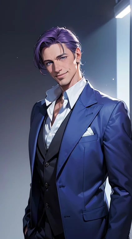(best quality, masterpiece, 8K, photorealistic, cinematic lighting, 1:4 hdr image, ultra detailed, beautiful image), a mature man, 35 years very handsome, ((cold expression smile in love)), short purple hair, blue eyes, face perfect without mistakes, ((buttoning his jacket, CEO)), smile.