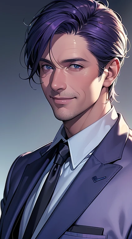 (best quality, masterpiece, 8K, photorealistic, cinematic lighting, 1:4 hdr image, ultra detailed, beautiful image), a mature man, 35 years very handsome, ((cold expression smile in love)), short  purple hair, blue eyes, face perfect without mistakes, ((buttoning his jacket, CEO)), smile.