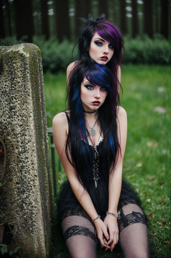 realistic, beautiful girl sitting on the edge of a tombstone in a dark misty wooded overgrown graveyard, looking at the viewer, disdain, angry, full body, (disgusted look on her face) (dark and moody light:1.2), (old film, faded film), (dim lit room:1.4), ginger hair, poofy hair, eyeliner, emo, emo makeup, goth, black fishnet stockings, (realistic face, perfect eyes, perfect face:1.1), outdoors, rich colors ,hyper realistic ,lifelike texture, dramatic lighting , cinestill 800,tétons 