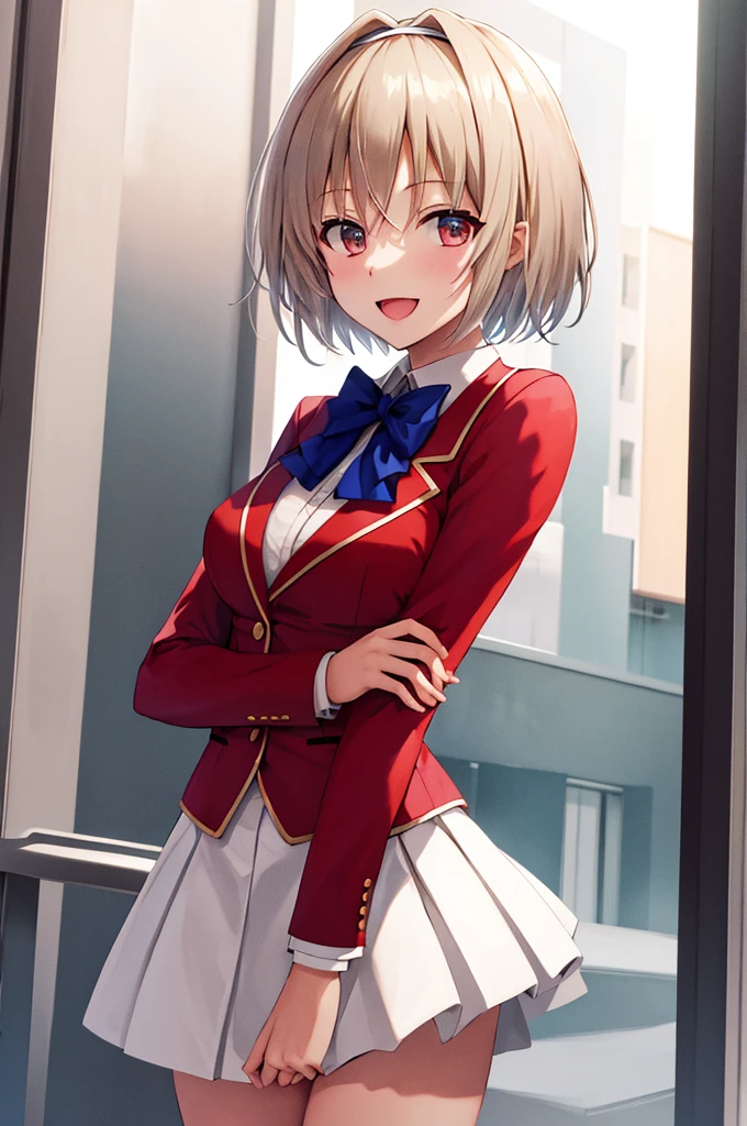 masterpiece, Highest quality, High resolution, Akiyo, short hair, Hair Intake, White hair band, Blue bow tie, Collared shirt, blazer, Red jacket, Long sleeve, White Skirt, Pleated skirt, Black socks, Cowboy Shot, Are standing, Outdoor, Straight, Arms at your sides, smile, Open your mouth,