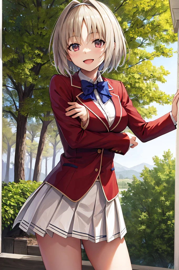 masterpiece, Highest quality, High resolution, Akiyo, short hair, Hair Intake, White hair band, Blue bow tie, Collared shirt, blazer, Red jacket, Long sleeve, White Skirt, Pleated skirt, Black socks, Cowboy Shot, Are standing, Outdoor, Straight, Arms at your sides, smile, Open your mouth,
