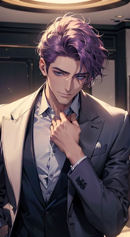 (best quality, masterpiece, 8K, photorealistic, cinematic lighting, 1:4 hdr image, ultra detailed, beautiful image), a mature man, 35 years very handsome, ((cold expression smile in love)), short  purple hair, blue eyes, face perfect without mistakes, ((buttoning his jacket, CEO)), smile.