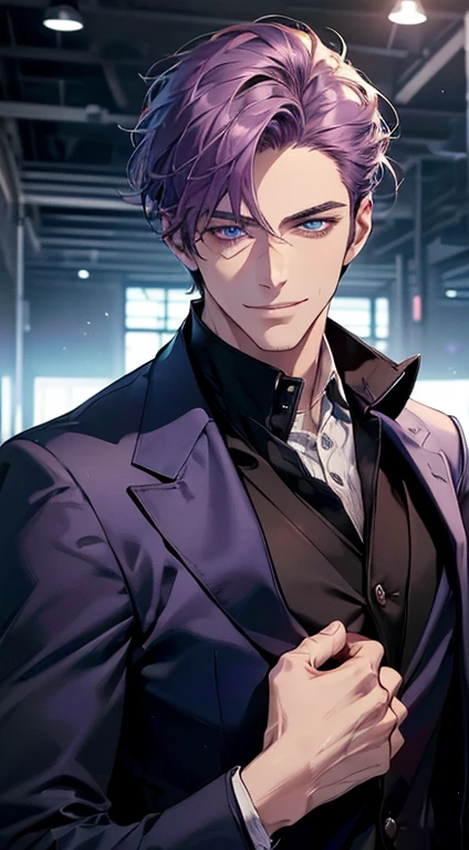 (best quality, masterpiece, 8K, photorealistic, cinematic lighting, 1:4 hdr image, ultra detailed, beautiful image), a mature man, 35 years very handsome, ((cold expression smile in love)), short purple hair, blue eyes, face perfect without mistakes, ((buttoning his jacket, CEO)), smile.