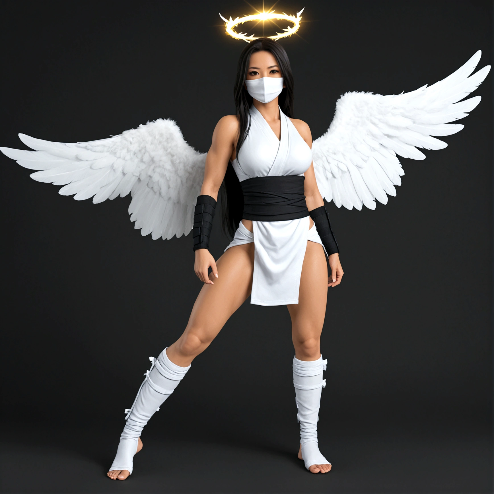Angel girl, big white wings, halo, ninja outfit, ninja mask, long hair, full body.