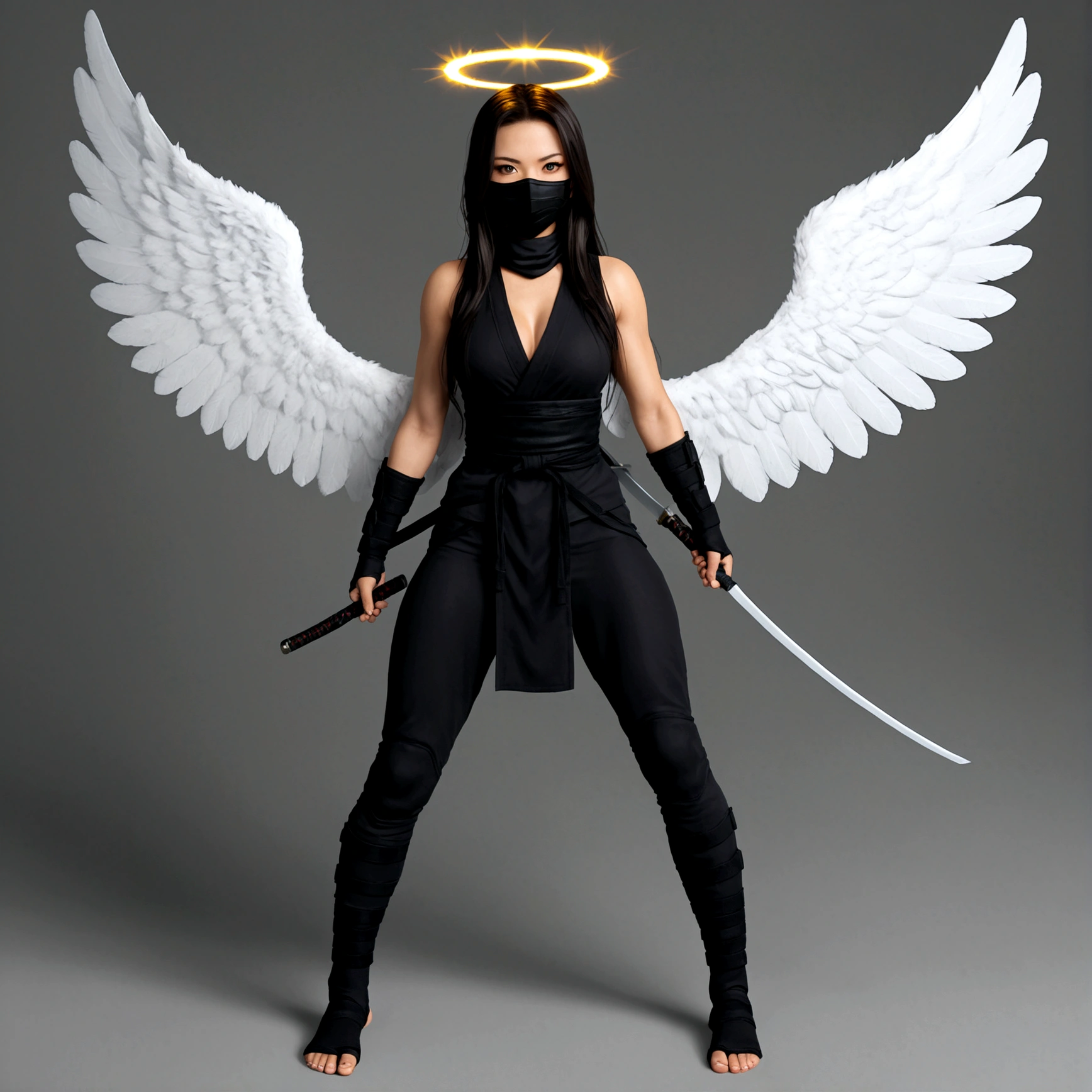 Angel girl, big white wings, halo, ninja outfit, ninja mask, long hair, full body.