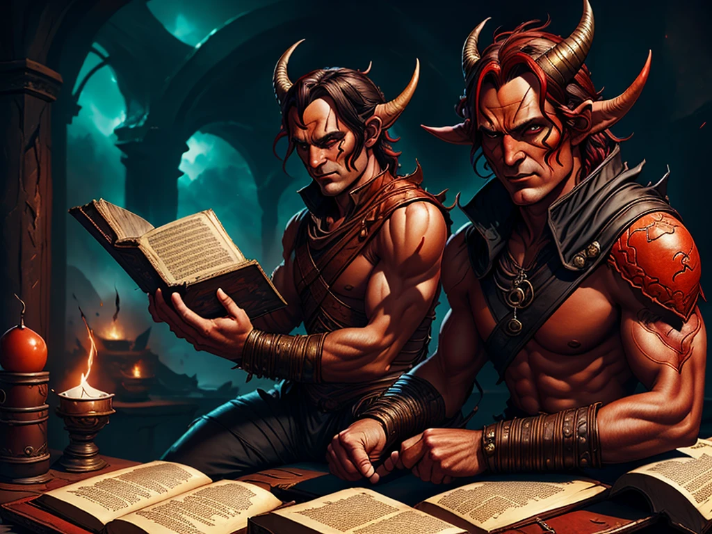 male red skinned tiefling savage sitting down trying to read a childrens book, long black hair, black horns, hell background, red skin, dnd, colored