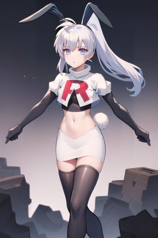 solo, Yashiro Kasumi, twintails, blue eyes, white hair, fake rabbit ears, team rocket,team rocket uniform,white skirt,red letter R,crop top,black thigh-highs,black elbow gloves