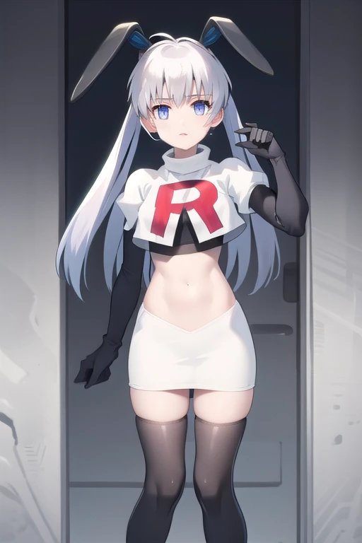 solo, Yashiro Kasumi, twintails, blue eyes, white hair, fake rabbit ears, team rocket,team rocket uniform,white skirt,red letter R,crop top,black thigh-highs,black elbow gloves