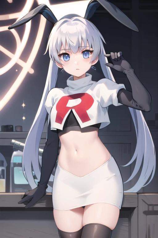 solo, Yashiro Kasumi, twintails, blue eyes, white hair, fake rabbit ears, team rocket,team rocket uniform,white skirt,red letter R,crop top,black thigh-highs,black elbow gloves