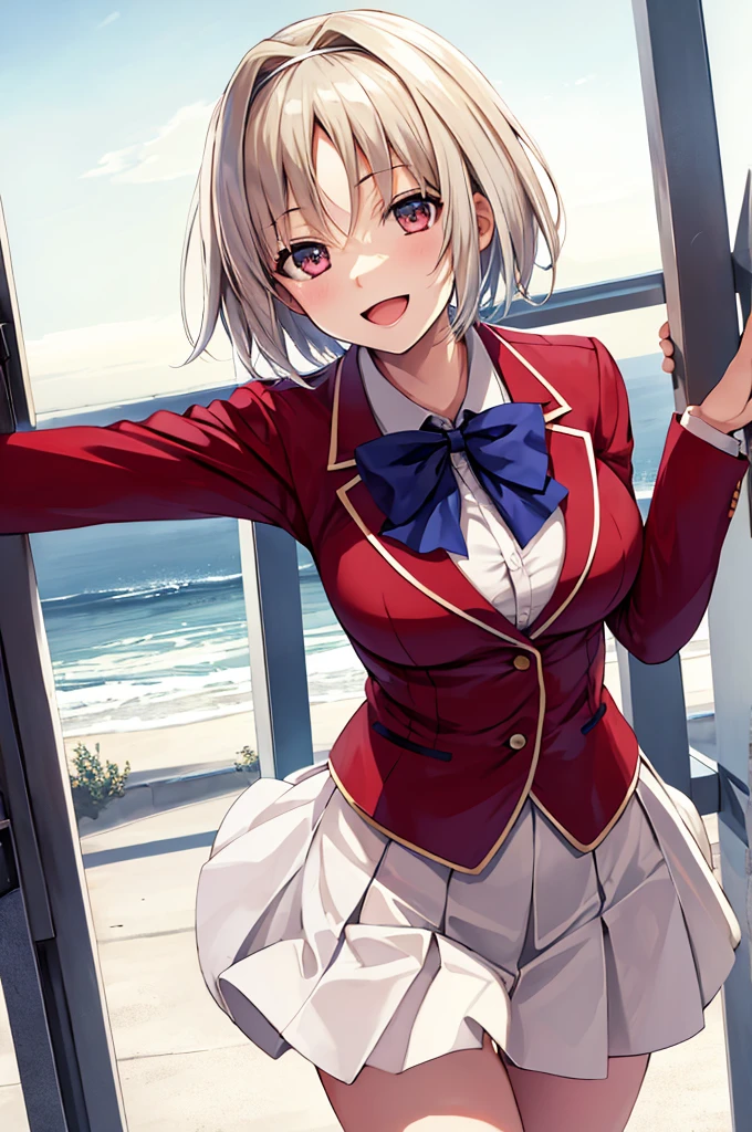 masterpiece, Highest quality, High resolution, Akiyo, short hair, Hair Intake, White hair band, Blue bow tie, Collared shirt, blazer, Red jacket, Long sleeve, White Skirt, Pleated skirt, Black socks, Cowboy Shot, Are standing, Outdoor, Straight, Arms at your sides, smile, Open your mouth,