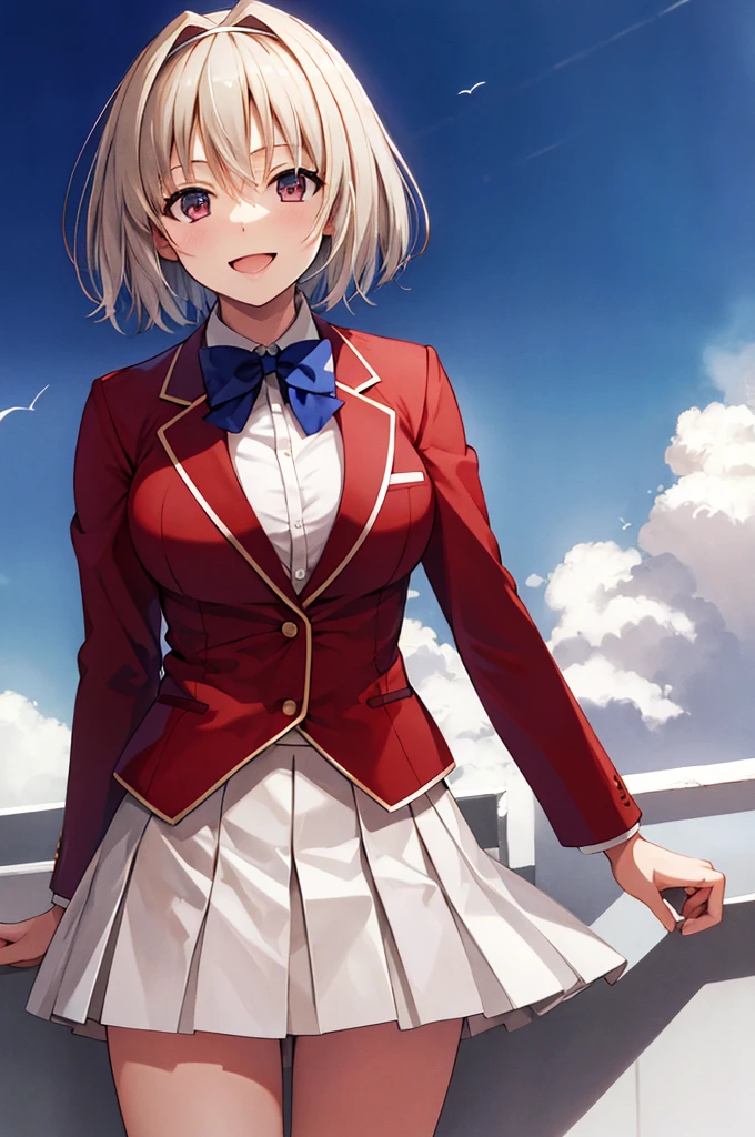 masterpiece, Highest quality, High resolution, Akiyo, short hair, Hair Intake, White hair band, Blue bow tie, Collared shirt, blazer, Red jacket, Long sleeve, White Skirt, Pleated skirt, Black socks, Cowboy Shot, Are standing, Outdoor, Straight, Arms at your sides, smile, Open your mouth,