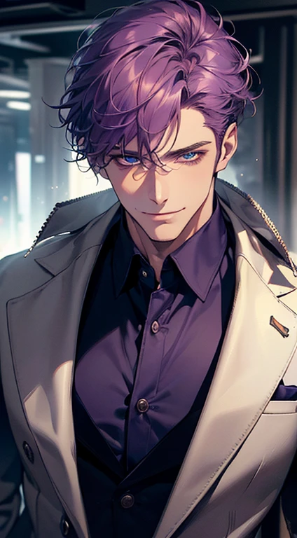 (best quality, masterpiece, 8K, photorealistic, cinematic lighting, 1:4 hdr image, ultra detailed, beautiful image), a mature man, 35 years very handsome, ((cold expression smile in love)), short purple hair, blue eyes, face perfect without mistakes, ((buttoning his jacket, CEO)), smile.