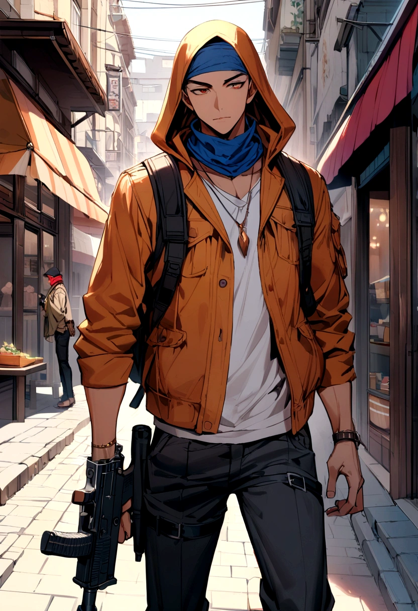 a guys with a sweet hood, a bandana and a uzi walk on the street