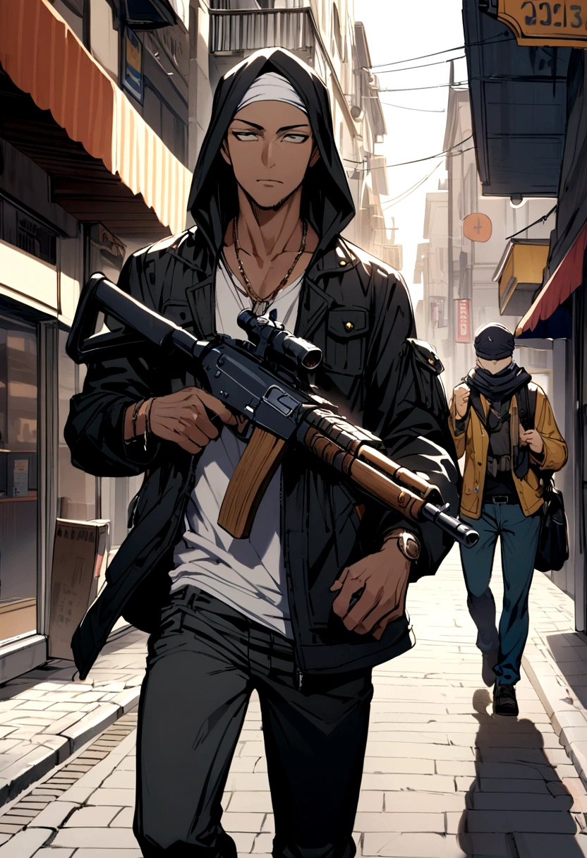a guys with a sweet hood, a bandana and a uzi walk on the street