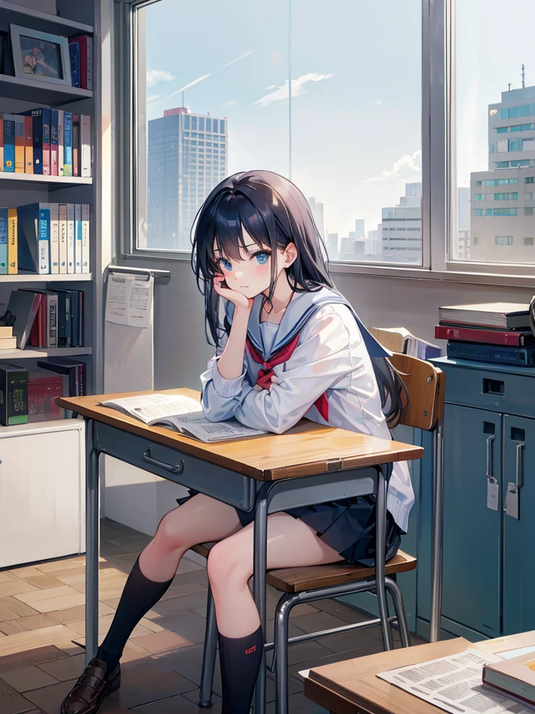A cool girl at school popular girl sitting in jail embarrassed and shocked with books on her desk with her window open and a person outside signing for her