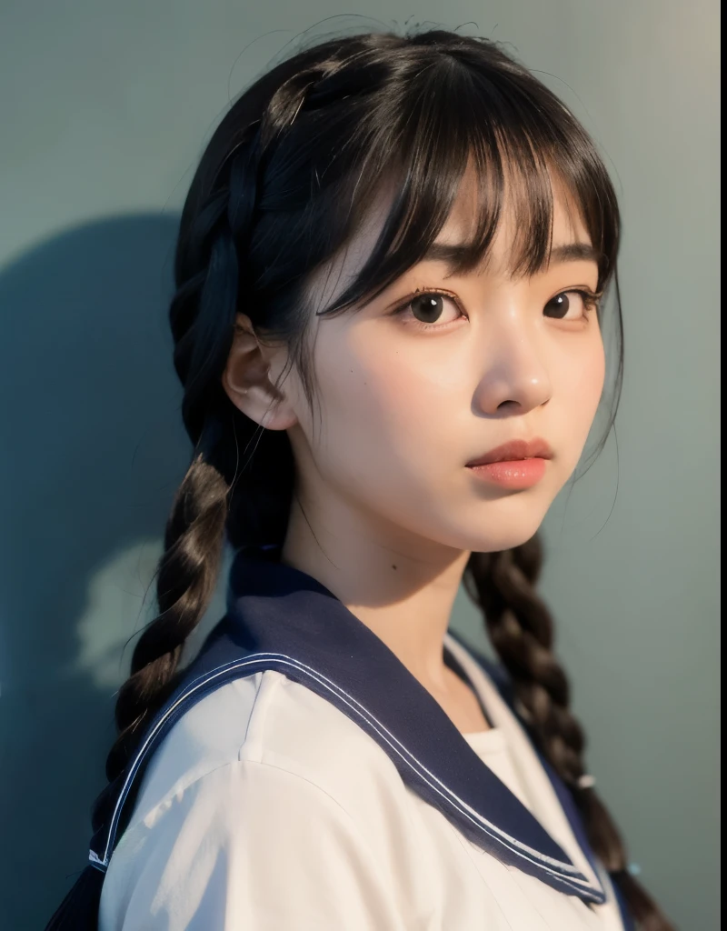 Portrait of a young East Asian girl in a navy blue and white sailor-style school uniform. She has long black hair styled in two braids, with straight bangs across her forehead. The girl has large, dark eyes and a small, delicate nose. Her expression is neutral, looking directly at the camera. The background shows a dark blue wooden wall with some green ivy or vine leaves visible to the side. The lighting is soft and natural, creating a slightly moody atmosphere. High-resolution image with sharp focus on the face