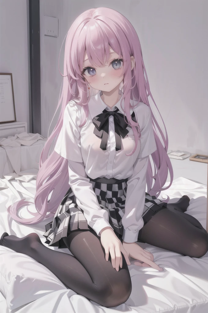 (8K、Best image quality、Highest quality、masterpiece)、One tall girl、((whole body))、Sit on the floor with your legs spread、White panties are visible、Long Hair、Wavy Hair、blush、Medium Bust、White collared shirt、Short sleeve、((Checkered pleated mini skirt))、Classroom Background、((black tights))、Black Pantyhose、((No shoes))