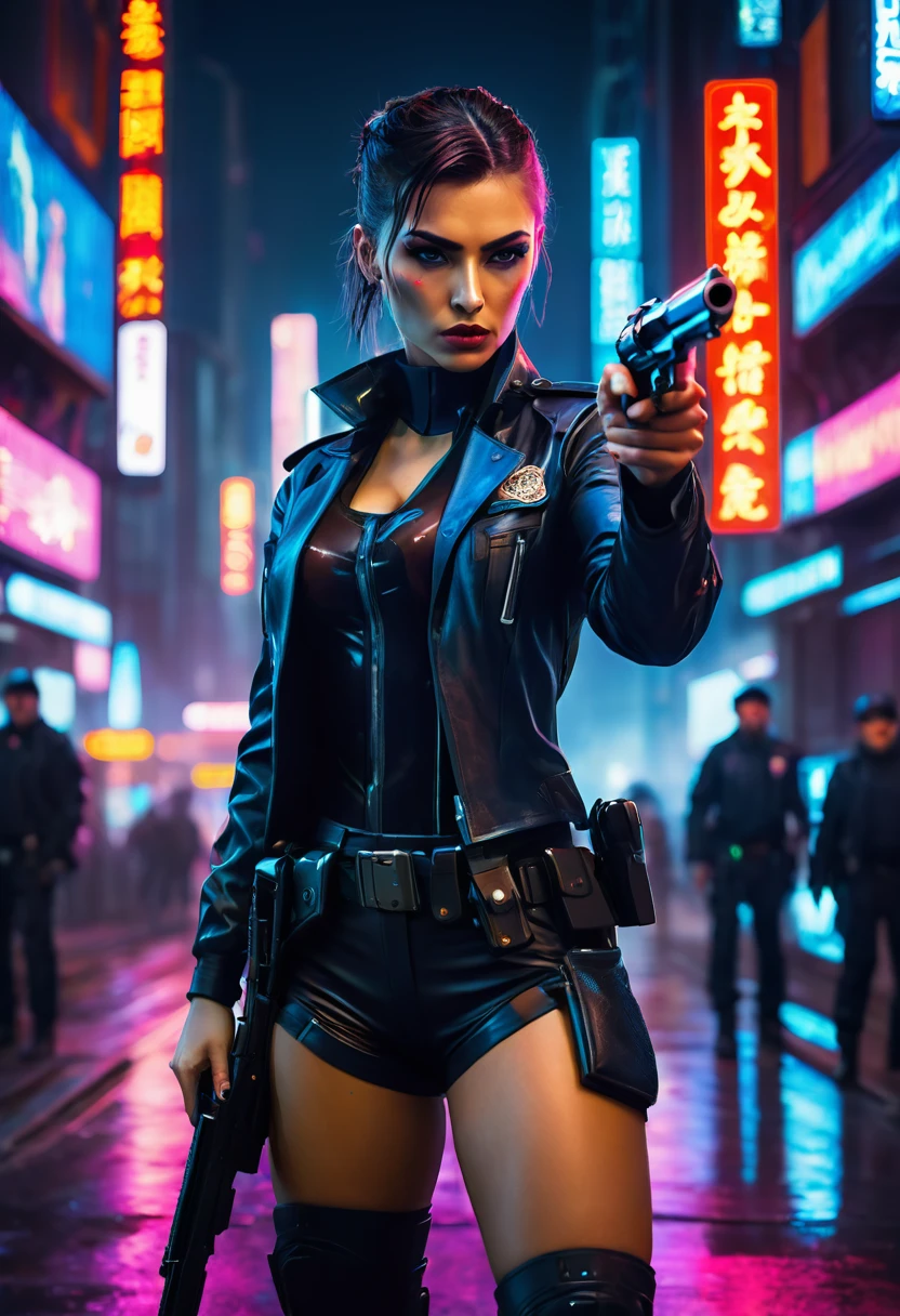 In a cyberpunk city, a police woman, point her revolver at a criminal, It’s night and the lights of the flashing lights illuminate her face,