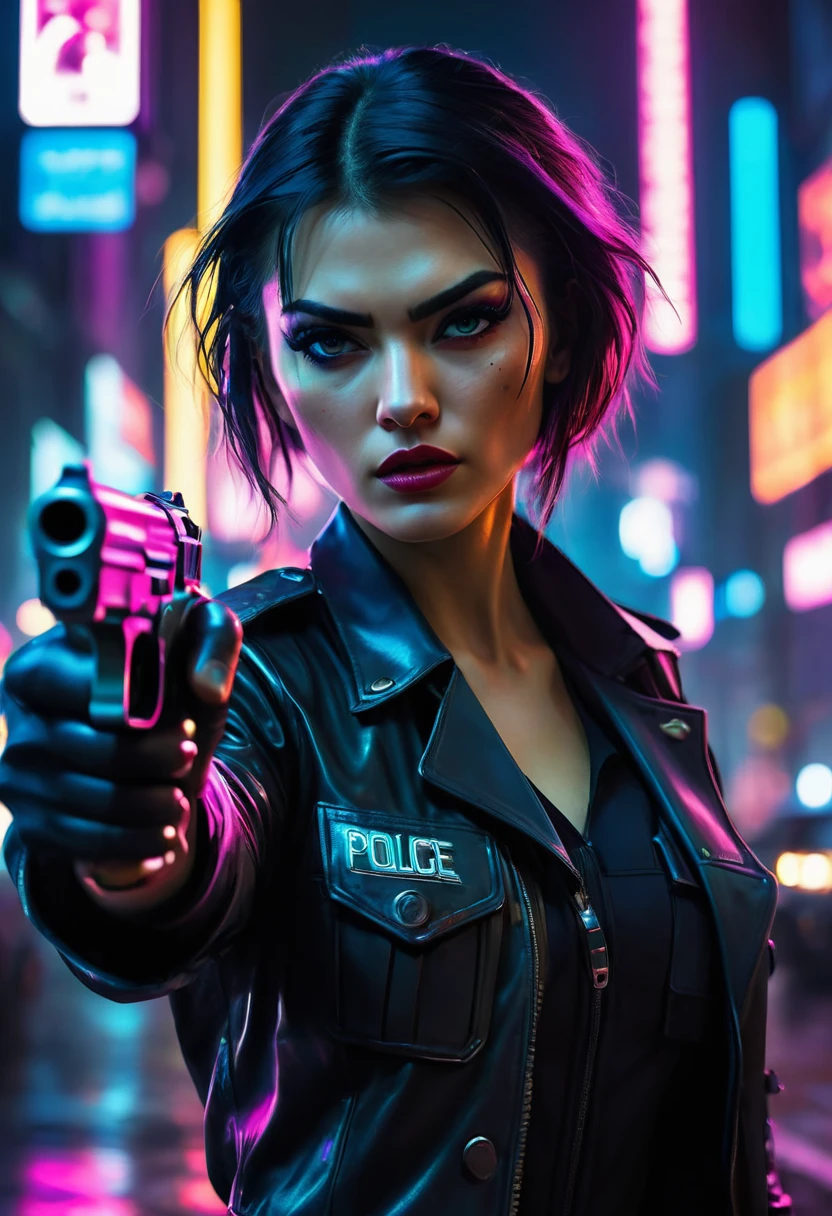 In a cyberpunk city, a police woman, point her revolver at a criminal, It’s night and the lights of the flashing lights illuminate her face, 